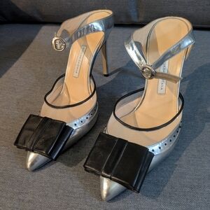 Bionda Castana Silver Mesh Bow Slingback Heels Pointed Toe Pumps EU 38 US 7.5
